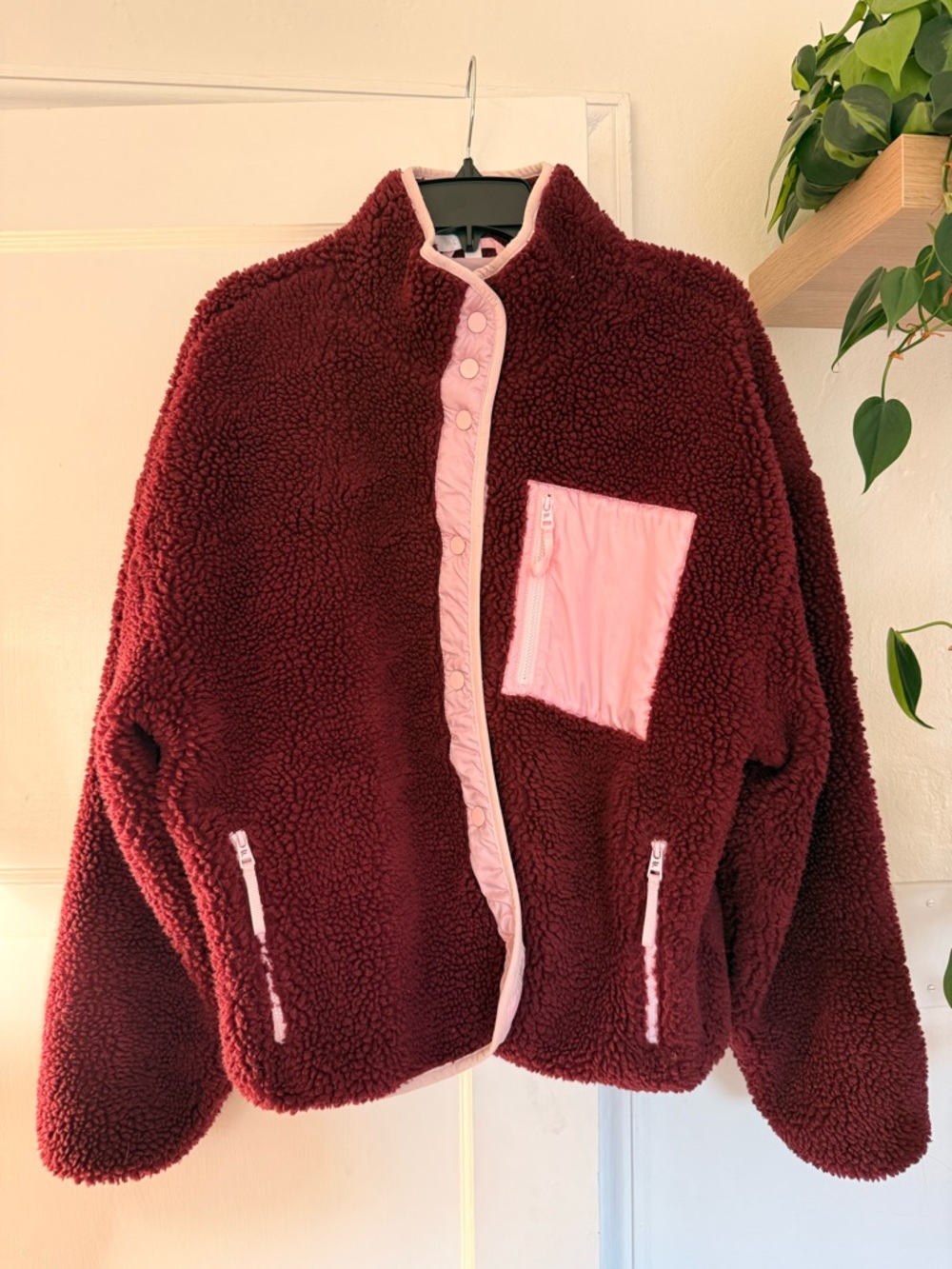 Fabletics Burgundy Tahoe Teddy Jacket with Pink Trim